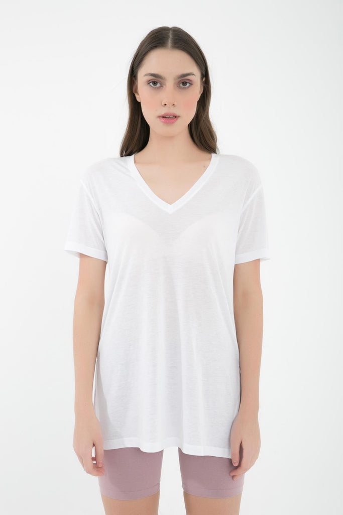Kısa Kollu T-Shirt, V Yaka Yandan Yırtmaçlı - Boel
