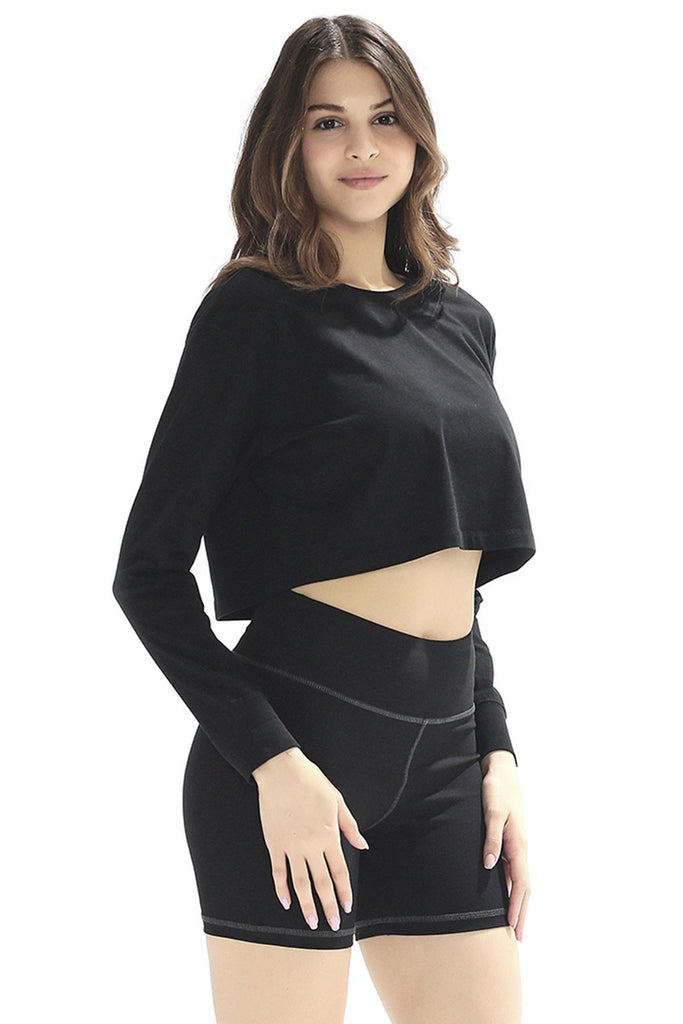 Organik Pamuk Crop T-Shirt, Uzun Kollu - Deniz