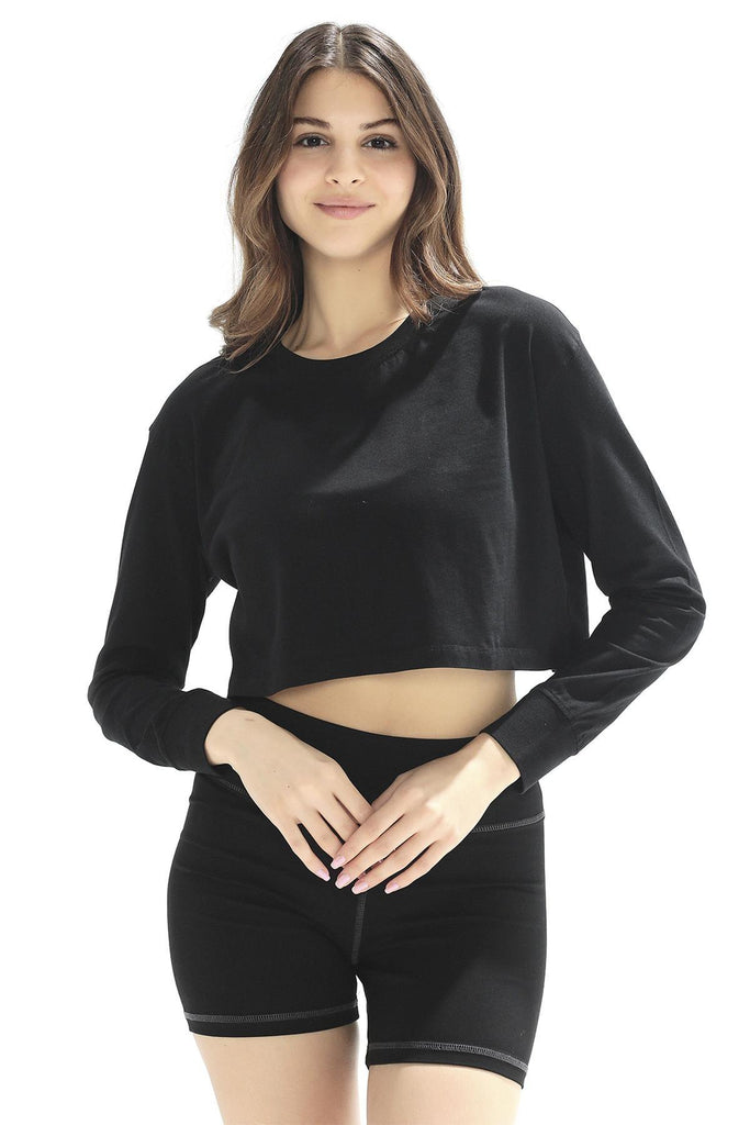 Organik Pamuk Crop T-Shirt, Uzun Kollu - Deniz