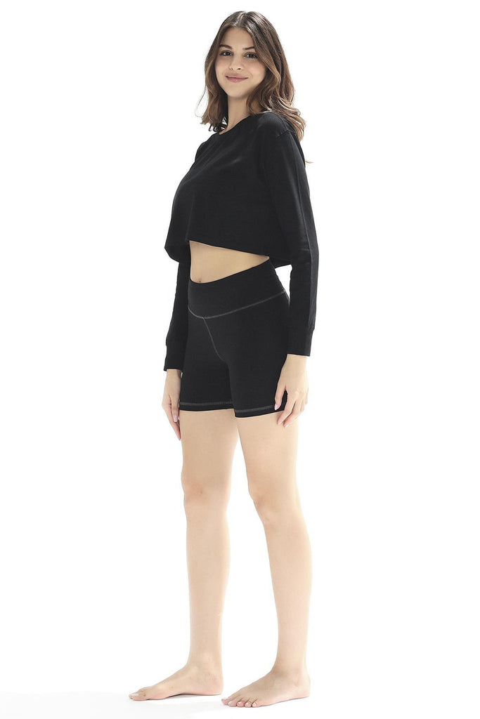Organik Pamuk Crop T-Shirt, Uzun Kollu - Deniz