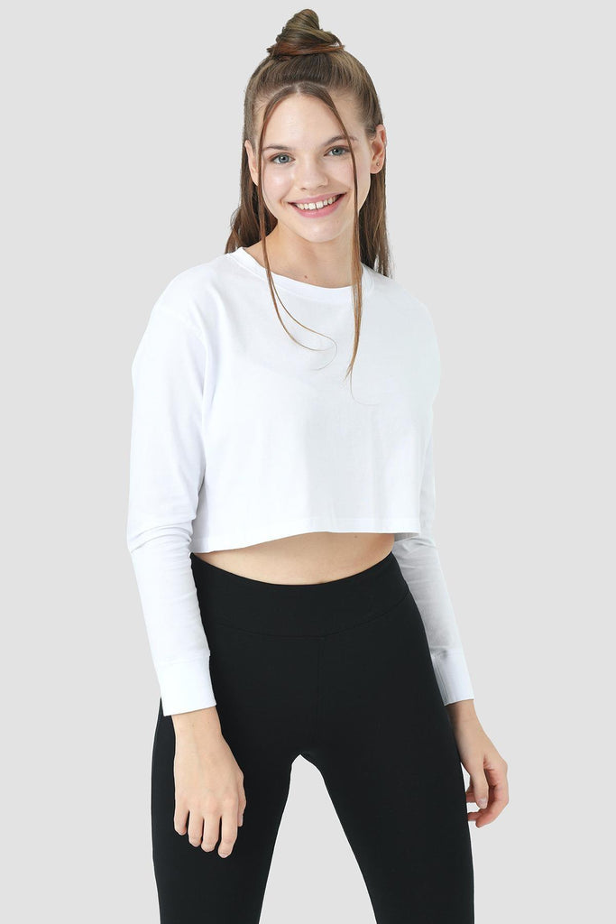 Organik Pamuk Crop T-Shirt, Uzun Kollu - Deniz