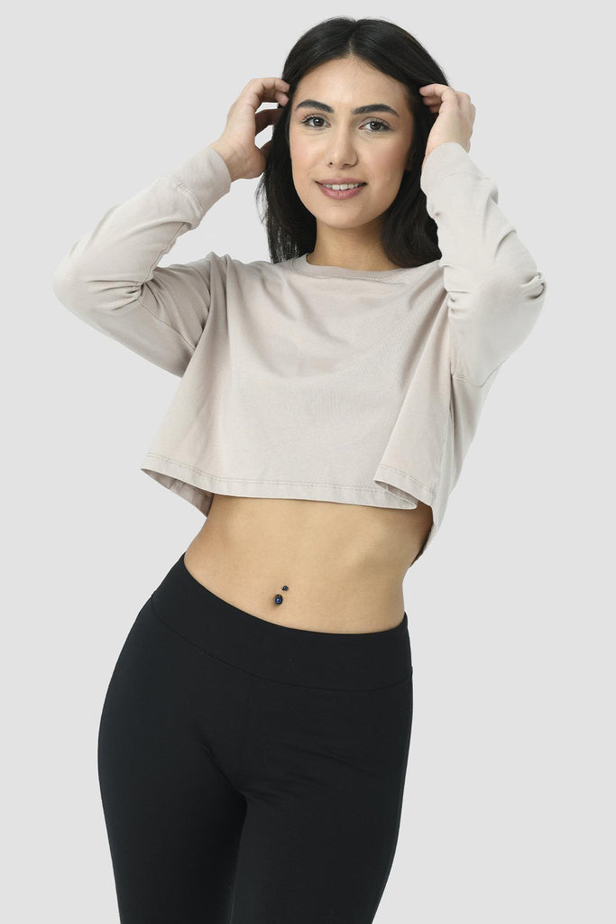 Organik Pamuk Crop T-Shirt, Uzun Kollu - Deniz