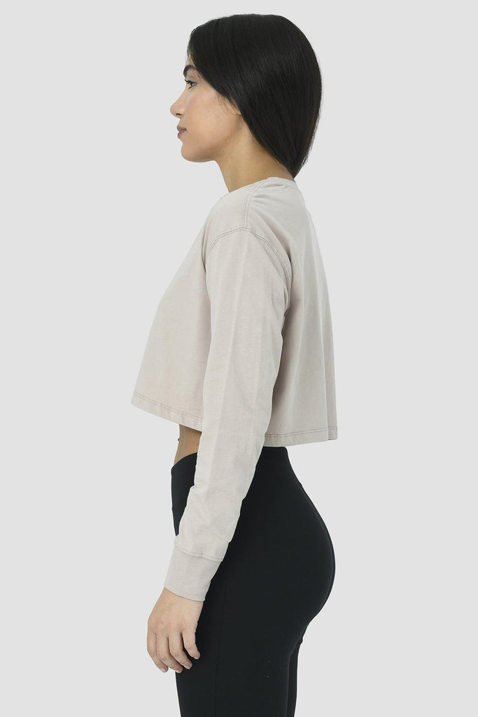 Organik Pamuk Crop T-Shirt, Uzun Kollu - Deniz