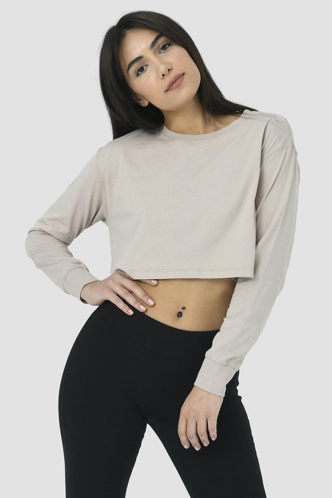 Organik Pamuk Crop T-Shirt, Uzun Kollu - Deniz