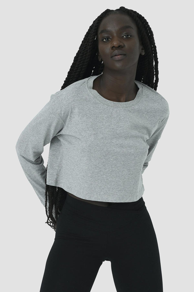 Organik Pamuk Crop T-Shirt, Uzun Kollu - Deniz