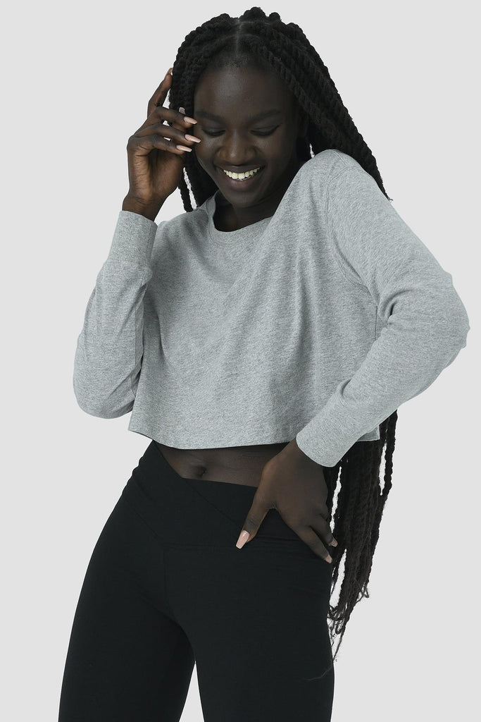 Organik Pamuk Crop T-Shirt, Uzun Kollu - Deniz