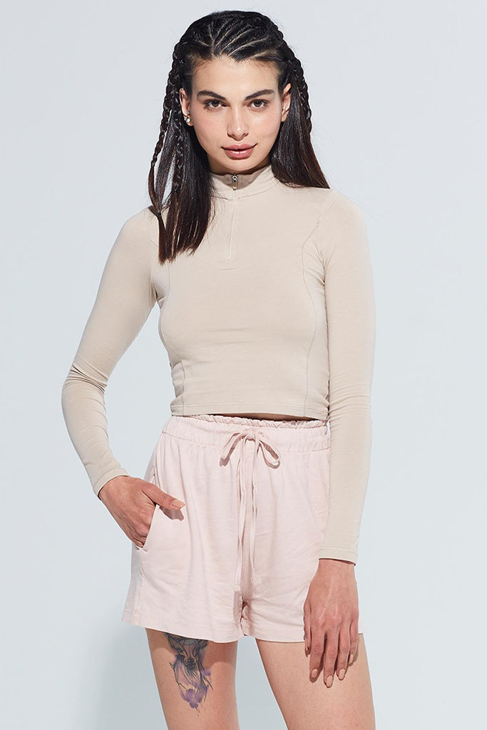 Organik Pamuk Crop T-Shirt, Uzun Kollu Fermuarlı - Doğa