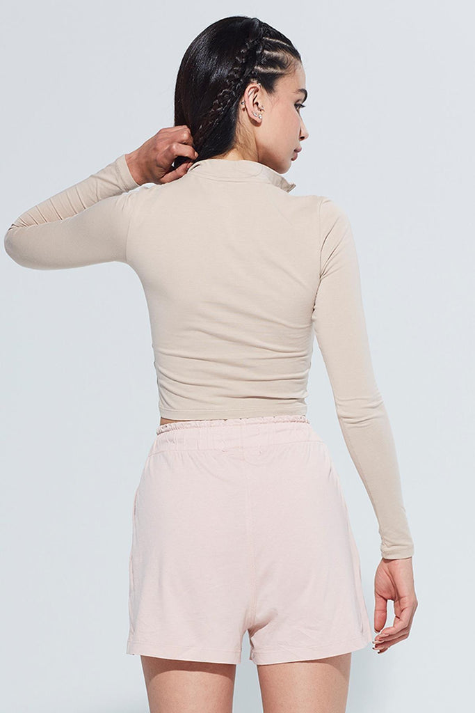 Organik Pamuk Crop T-Shirt, Uzun Kollu Fermuarlı - Doğa