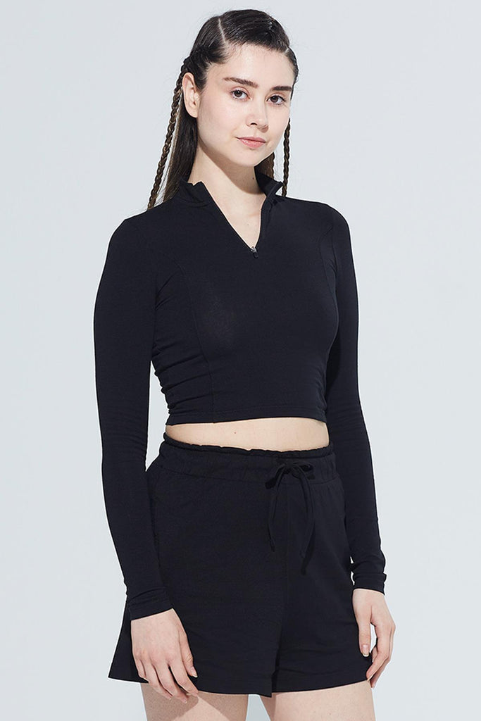 Organik Pamuk Crop T-Shirt, Uzun Kollu Fermuarlı - Doğa