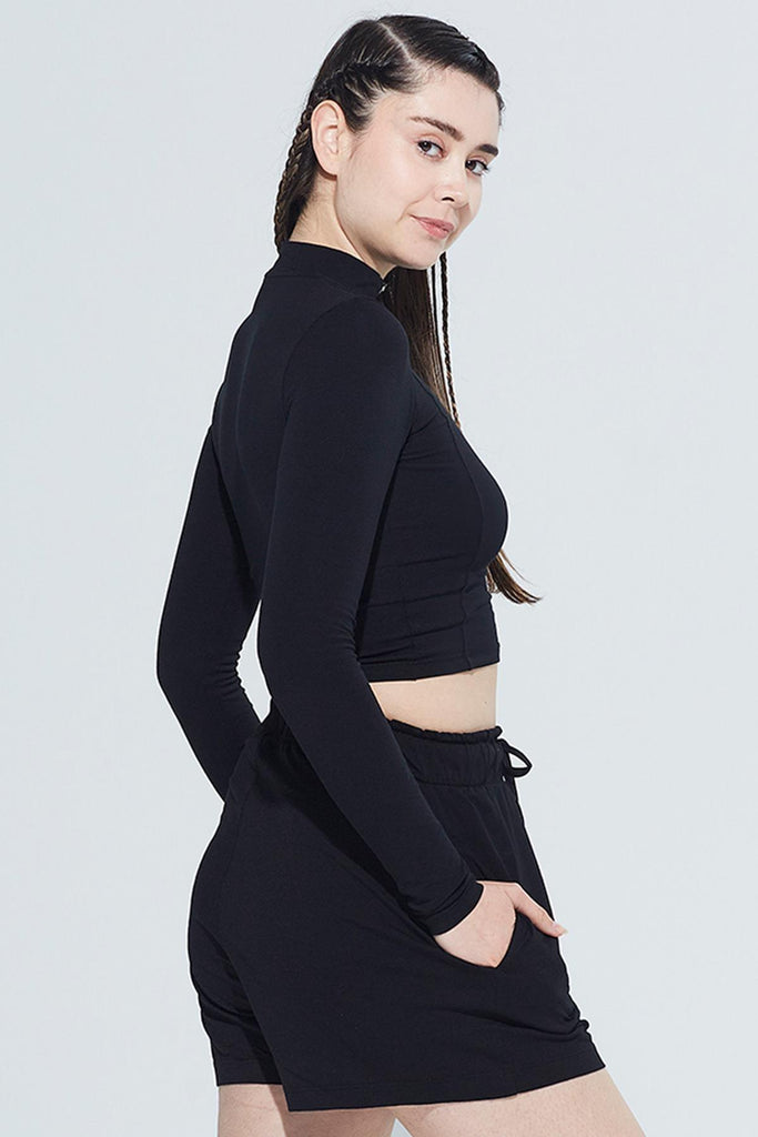 Organik Pamuk Crop T-Shirt, Uzun Kollu Fermuarlı - Doğa