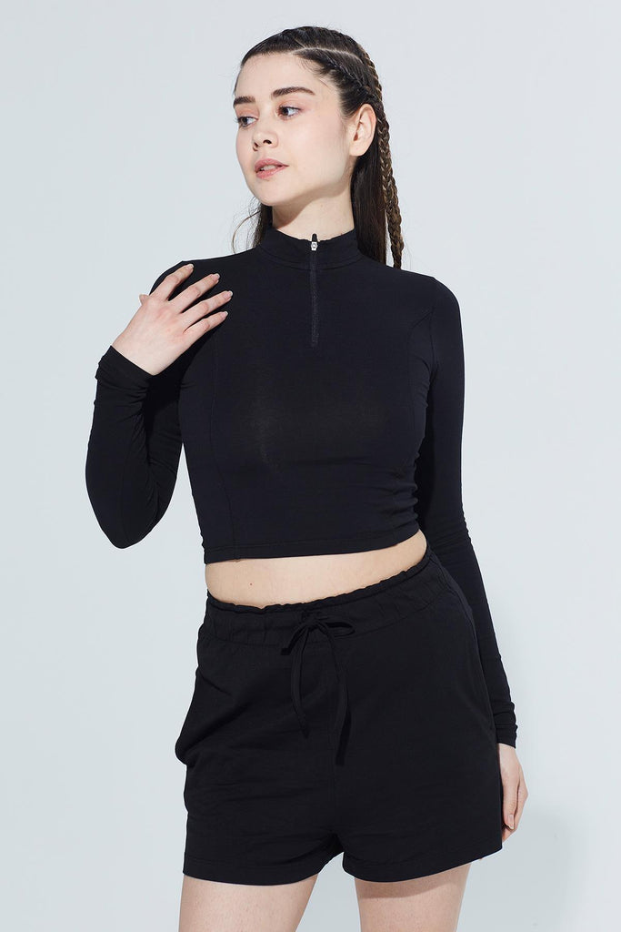 Organik Pamuk Crop T-Shirt, Uzun Kollu Fermuarlı - Doğa