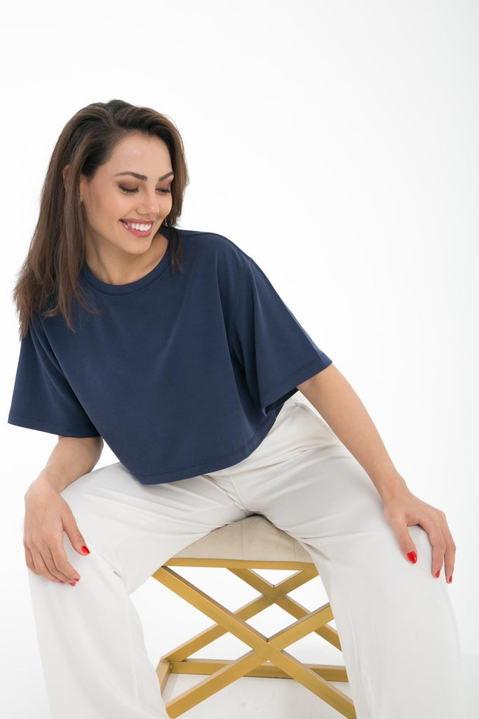 Örme Crop T-Shirt, Kısa Kollu Rahat Kesim - Fabriel