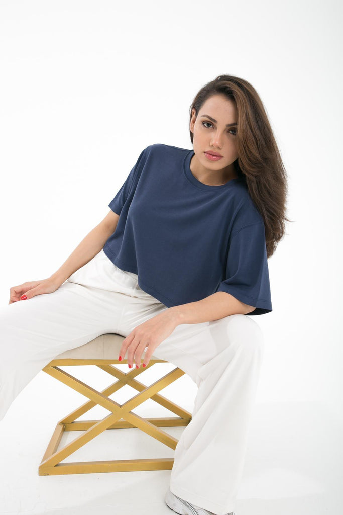 Örme Crop T-Shirt, Kısa Kollu Rahat Kesim - Fabriel