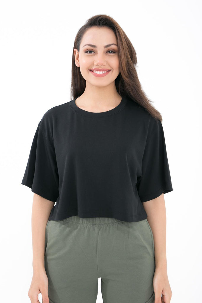 Örme Crop T-Shirt, Kısa Kollu Rahat Kesim - Fabriel