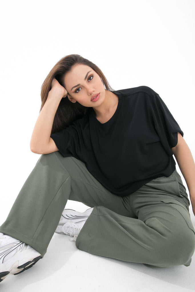 Örme Crop T-Shirt, Kısa Kollu Rahat Kesim - Fabriel