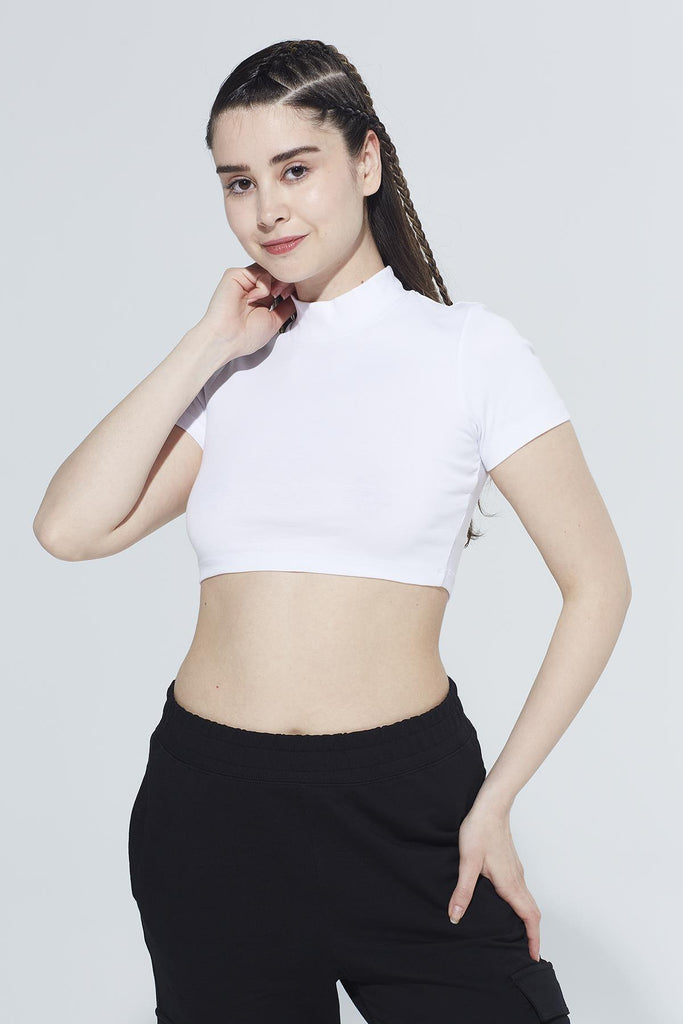 Organik Pamuk Crop T-Shirt, Dik Yaka Ribanalı - Laura