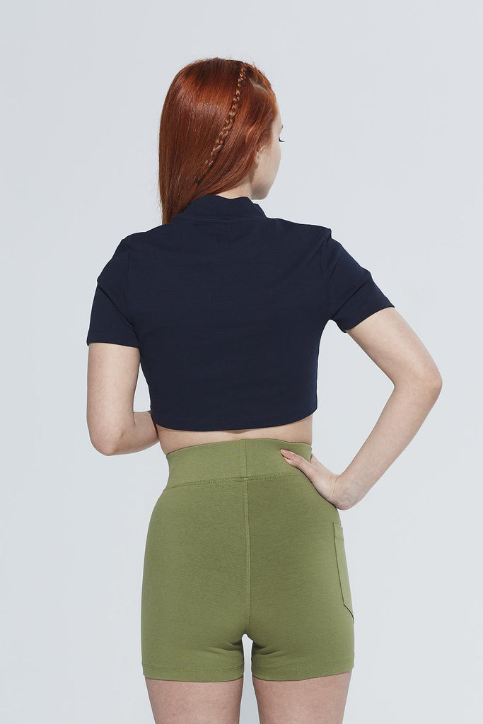 Organik Pamuk Crop T-Shirt, Dik Yaka Ribanalı - Laura