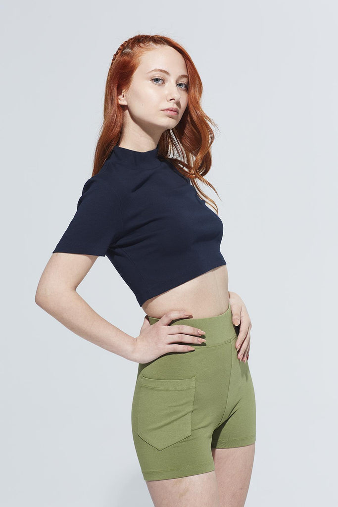 Organik Pamuk Crop T-Shirt, Dik Yaka Ribanalı - Laura