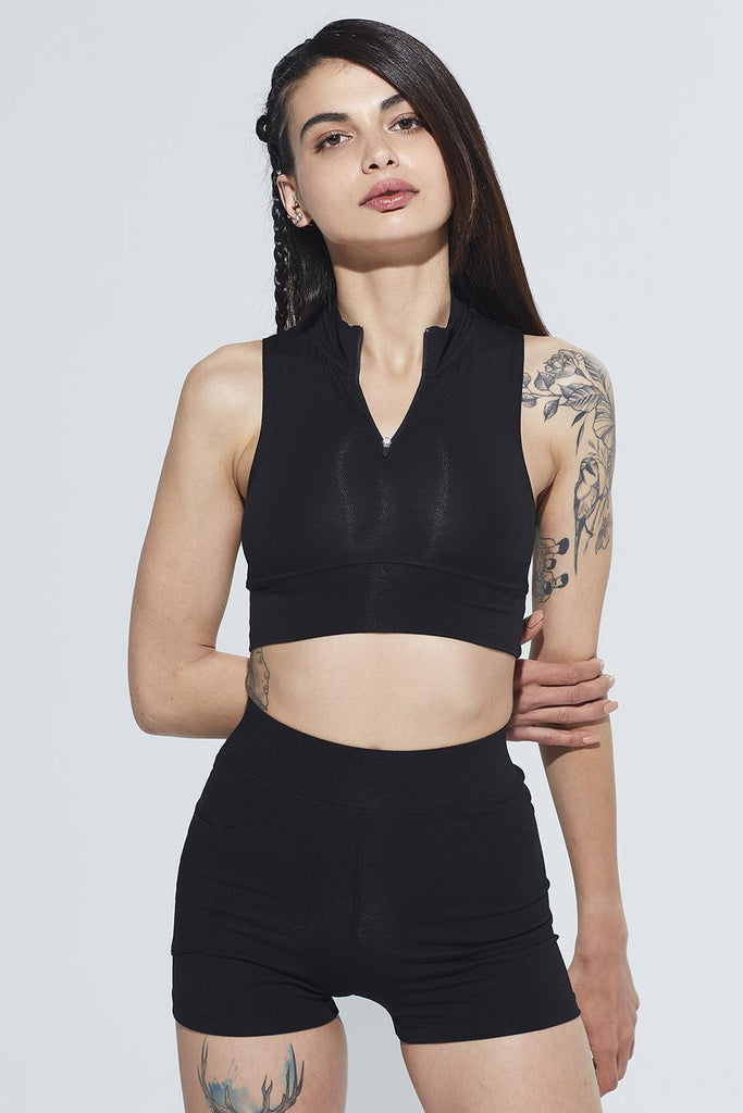 Organik Pamuk Crop Body, Fermuarlı Dik Yaka - Mila