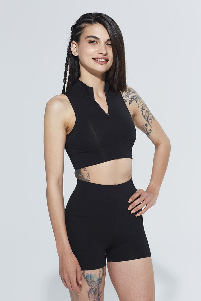 Organik Pamuk Crop Body, Fermuarlı Dik Yaka - Mila