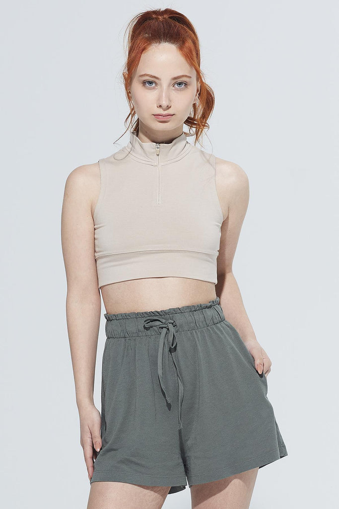 Organik Pamuk Crop Body, Fermuarlı Dik Yaka - Mila