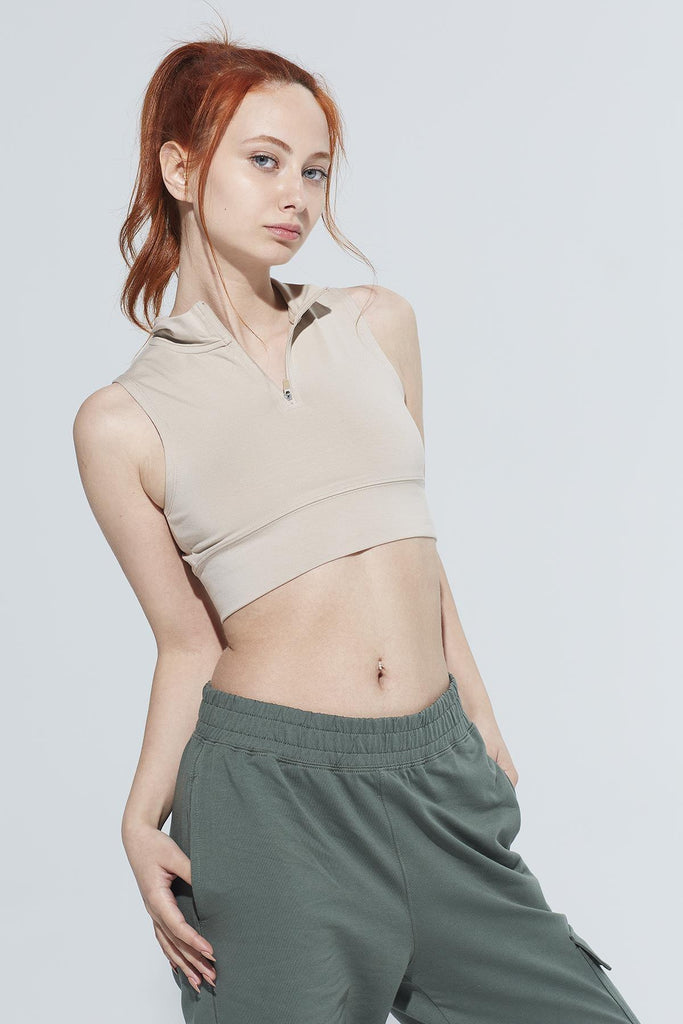 Organik Pamuk Crop Body, Fermuarlı Dik Yaka - Mila