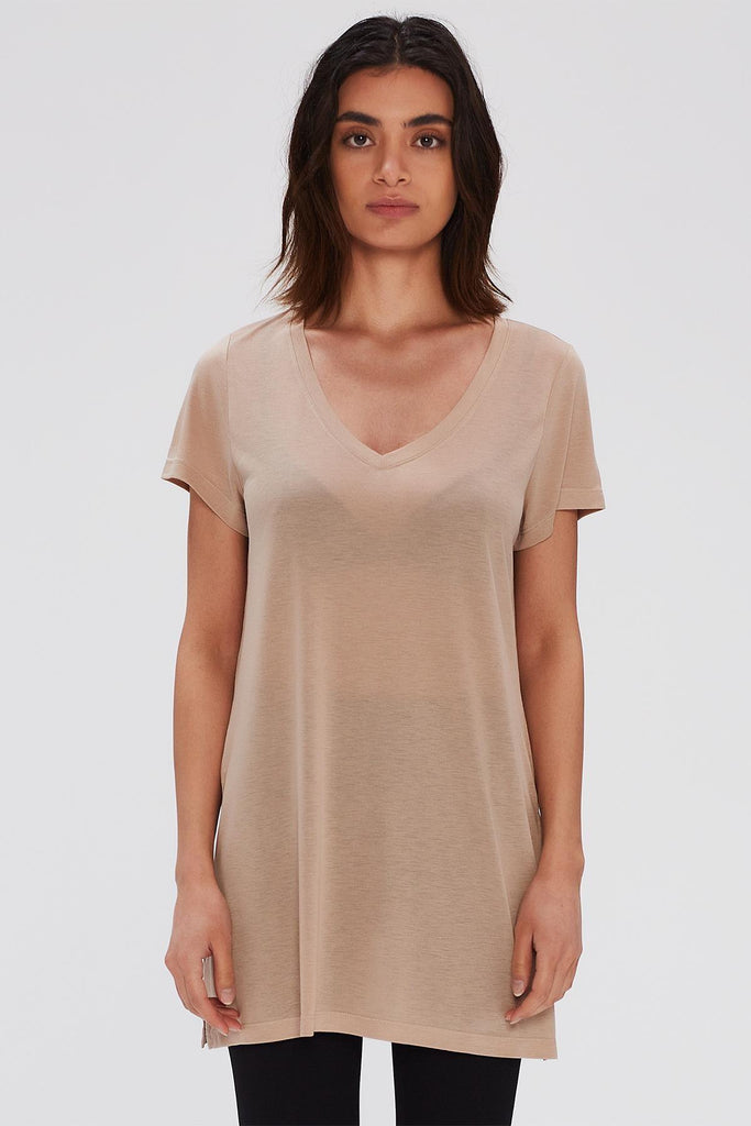 Örme T-Shirt, V Yaka Yırtmaçlı Rahat Kesim - Paloma