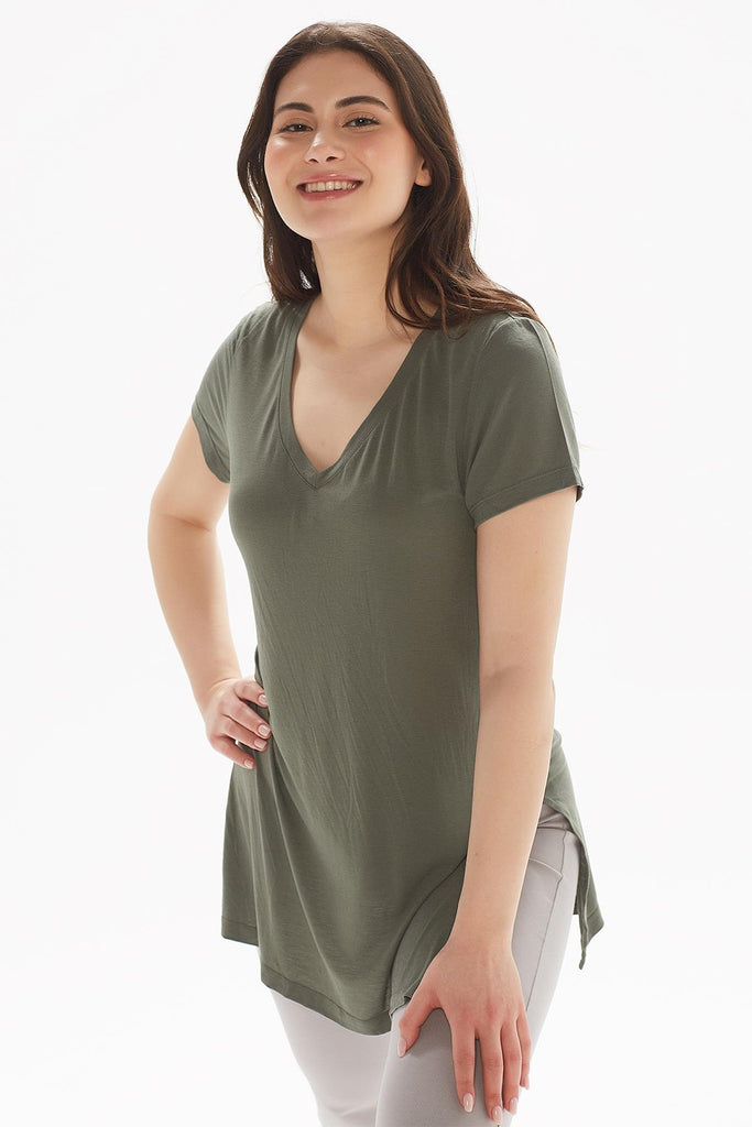 Örme T-Shirt, V Yaka Yırtmaçlı Rahat Kesim - Paloma