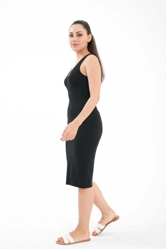Organik Pamuk Elbise, V Yaka Slim Fit Midi Boy - Pruel